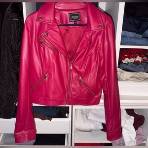 GUESS hot pink faux leather moto jacket size large